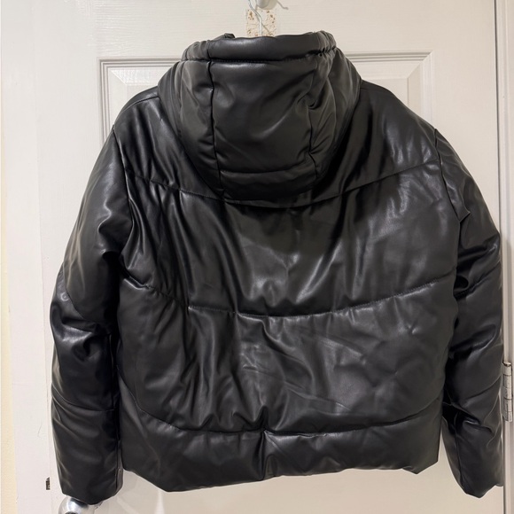 Zara Black Hooded Faux Leather Puffer Jacket - Women's - Picture 3 of 3